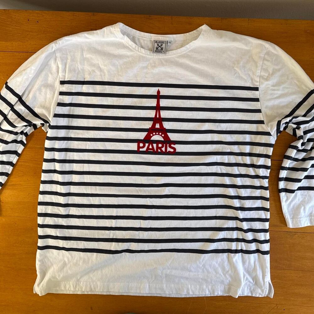 Paris Navy White Striped Women's Preppy White Graphic Eifffel Tower T-shirt